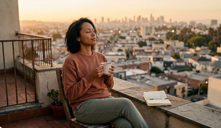 A cinematic, wide-format lifestyle photograph of a person in their late 30s sitting peacefully on a city rooftop at golden hour dawn. The person, wearing terracotta and sage-colored cotton loungewear, has their eyes closed and face turned toward the warm morning light while holding a ceramic cup. An open notebook rests on the ledge beside them against a soft-focus city skyline bathed in amber and ivory tones.