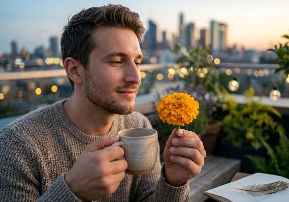 A close-up portrait of a man holding and thoughtfully looking at a vibrant golden-orange marigold bloom with an artisanal mug in hand, on a plant-filled rooftop balcony at twilight with a blurred metropolitan skyline, representing a deep sensory reset and connection with the present moment.