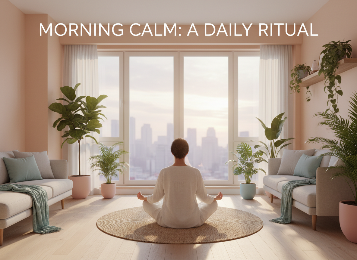 Calm, minimal, soft pastel-colored, photo-style image of a person doing morning meditation in a bright urban apartment with plants, seen in wide view, suitable as a website hero image for a wellness blog.