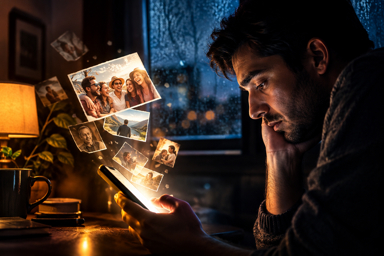A man sitting at the table at night with his phone screen on and viewing the pictures flashing and the room is dark n raining outside.